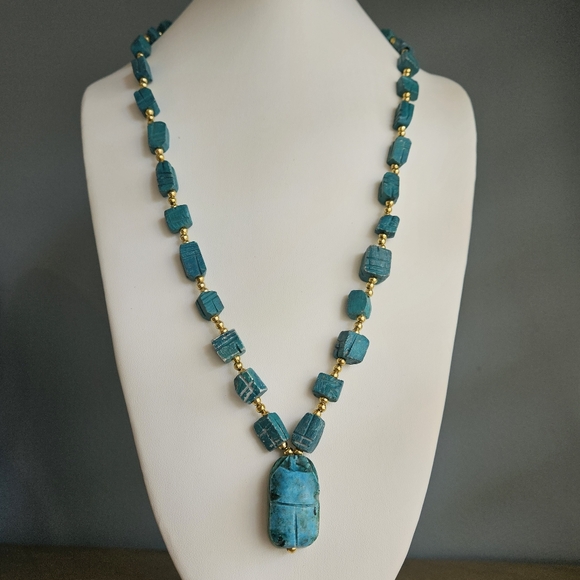Vintage Scarab Necklace Egyptian Revival Beaded Blue Beetle Glazed Ceramic 28-in - Picture 3 of 13